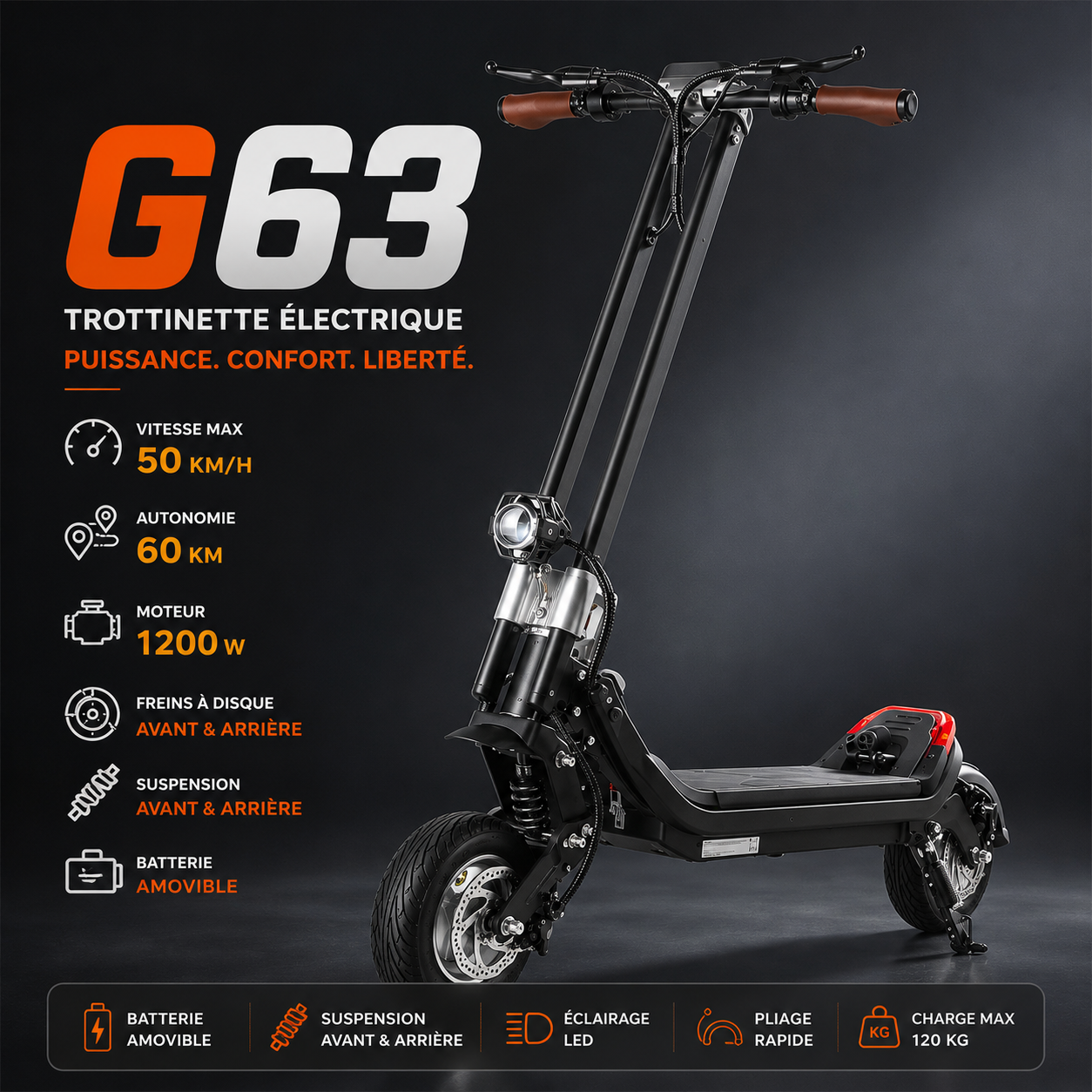 Trottinette Électrique Gyroor G63, Batterie Amovible 52 V 15,6 Ah