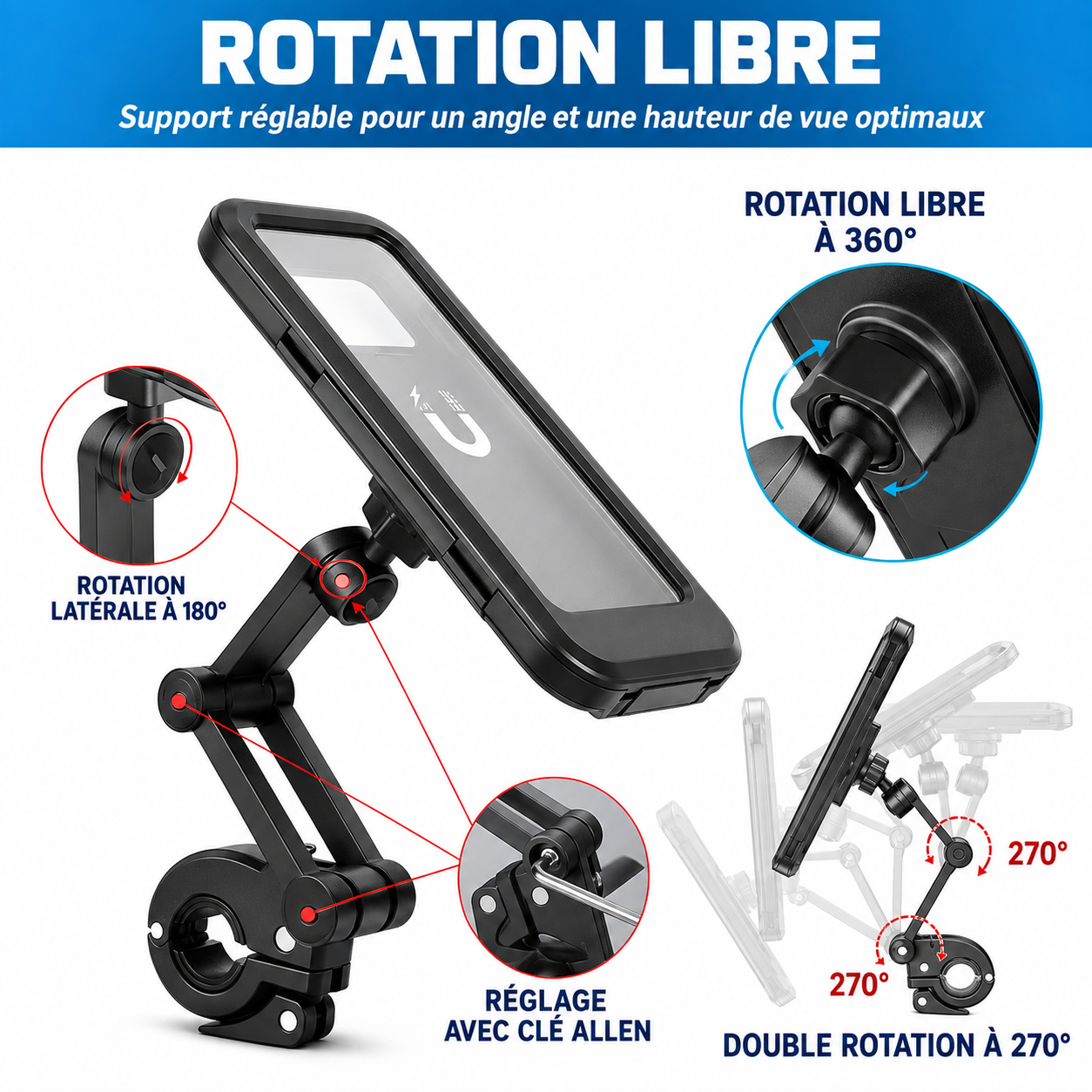 Support Téléphone Etanche  , pour Trottinette  Electrique, Moto et Vélo avec Ecran Tactile 360°
